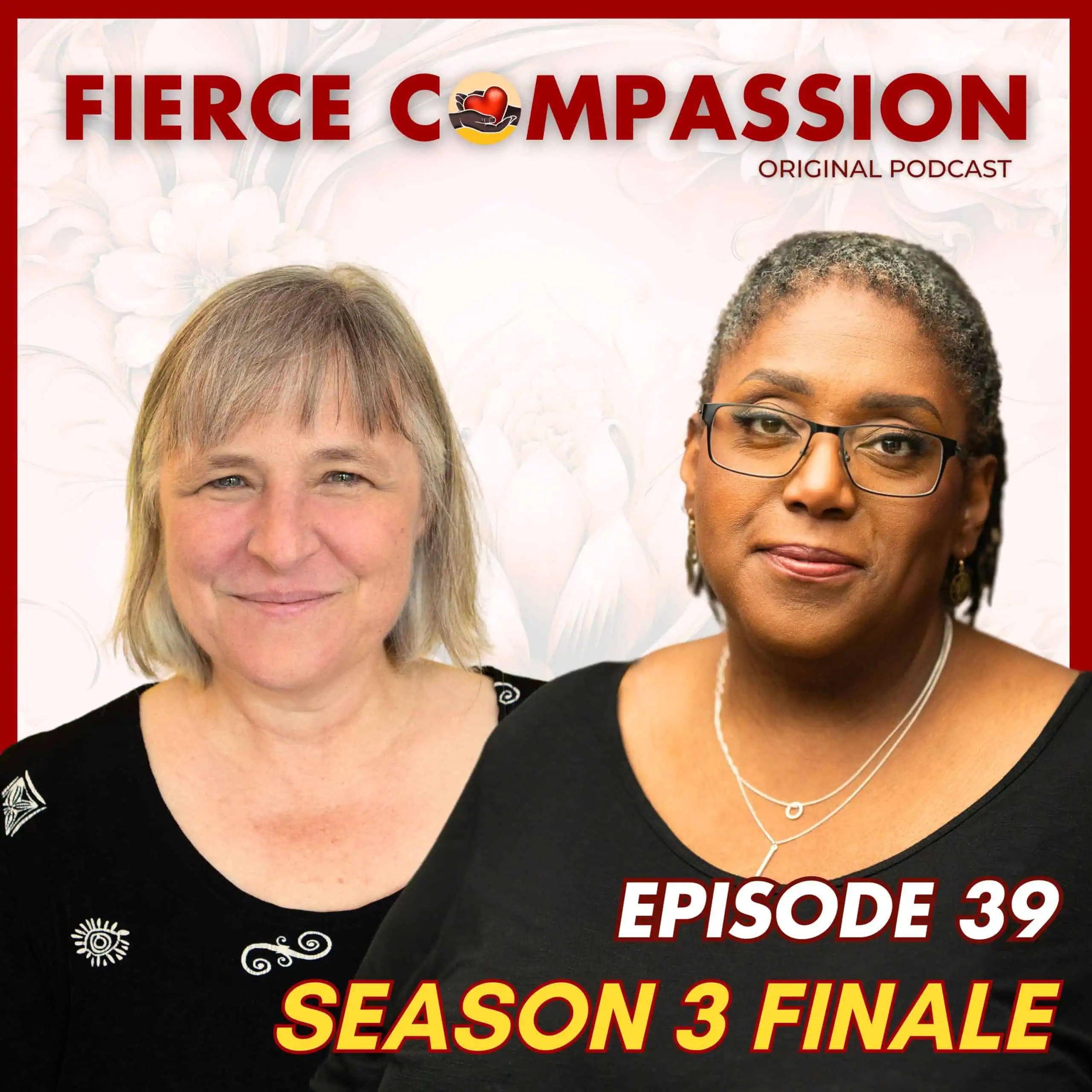 FCp-S3-Cover-Roxy-and-Sarah-FINAL Fierce Compassion Episode 12. Image of Dr. Akómolàfè sitting with arms around bent knee.